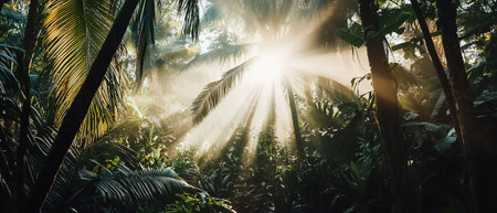 Sun rays shine through lush green tropical jungle. Nature background. Generative AIの素材
