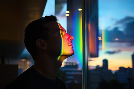 Young man with rainbow colored light reflecting on his face. Tranquil concept. Generative AIの素材