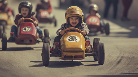 Happy smiling children in helmets racing pedal cars. Childhood concept. Generative AIの素材