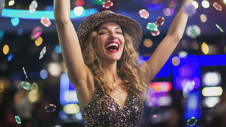 Excited young woman celebrating big win at casino poker table. Victory, achievement concept. Generative AIの素材