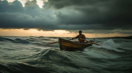 Lonely man on wooden boat rowing through stormy ocean waves. Generative AIの素材