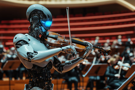 Futuristic robot cyborg playing violin in orchestra hall. Generative AIの素材