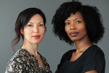Portrait of two beautiful multiracial women posing confidently in studio over dark background. Generative AIの素材