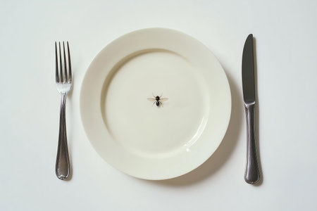 Fly on empty plate with vintage silverware, conceptual art. Generative AIの素材