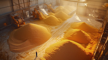 Industrial factory with large mounds of yellow grain, workers, and heavy machinery in action. Generative AIの素材