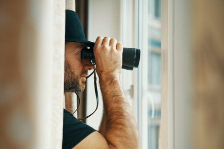 Man in fedora hat looking through binoculars spying from window. Spy and search conceptの写真素材