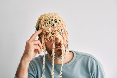 Funny thoughtful man with instant noodles on his head.. Quirky, weird people