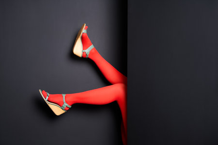 Female legs in red tights and elegant sandals emerging from black wall background. Creative conceptの写真素材