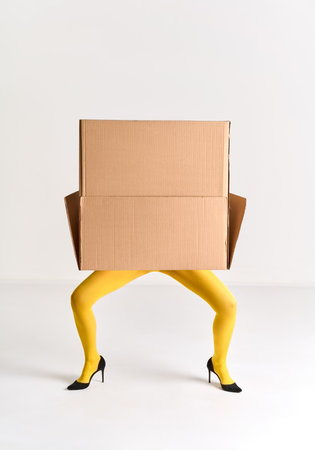 Woman in yellow tights and black high heels hidden under oversized cardboard box on white...