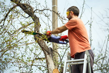 Young man cutting trees using electrical chainsaw in motion at his backyard. Gardening concept