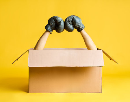 Pair of hands in boxing gloves raised up from open cardboard box on yellow background.
