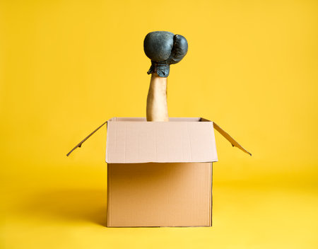 Hand in boxing glove raised up from open cardboard box on yellow background.