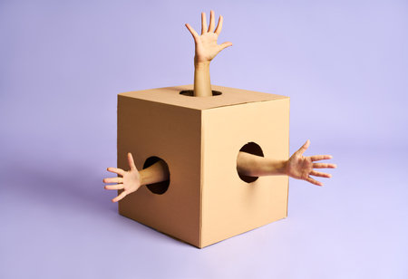 Surreal image of several human arms reaching out of holes in cardboard box over blue background.