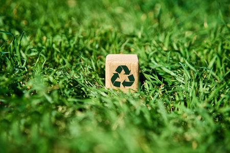 Eco-friendly wooden cube with a green recycle icon placed on fresh green grass outdoorsの写真素材