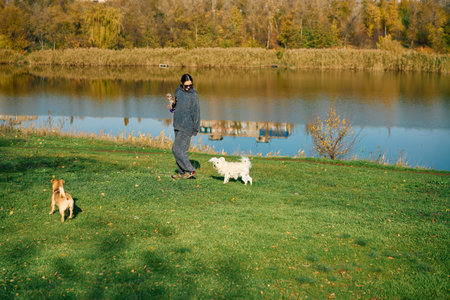 Young woman walking with dog by serene lake and autumn landscape at sunny day. Weekend, pets concept, happy momentsの写真素材