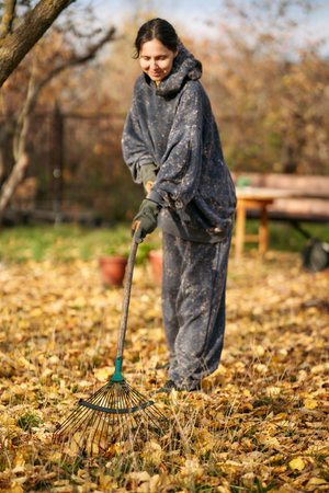 Young woman raking dry fallen leaves in sunny autumn garden backyard.