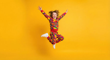 Happy kid in colorful tracksuit jumping and shouting with joy against bright yellow studio wall. Generative AIの素材