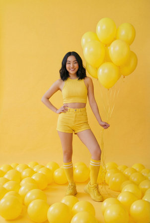 Beautiful young Asian female in yellow summer outfit posing with helium balloons on yellow background. Generative AIの素材