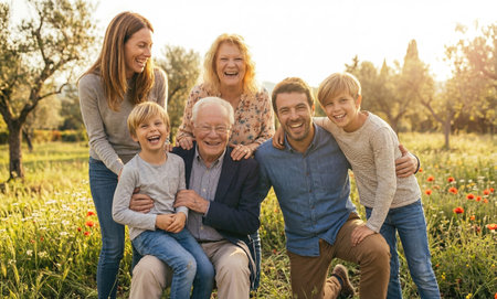 Happy big family have fun outdoors. Cheerful parents, grandparents and children crouching and smiling in sunny flower meadow. Generative AIの素材