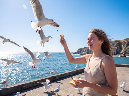 Happy young female tourist feeding flying seagulls on a sunny coastal pier. Generative AIの素材