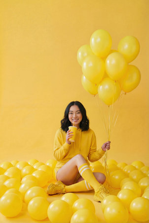 Cheerful young Asian female model sitting on floor holding paper cup and balloons on yellow background. Generative AIの素材