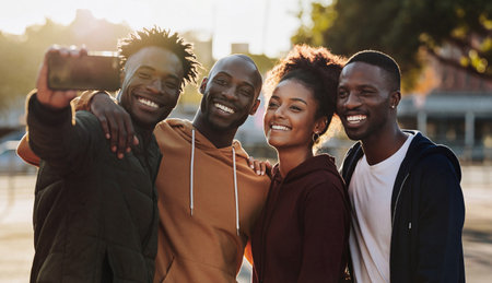 Group of four happy multiethnic friends smiling and taking a selfie photo with smartphone outdoors during golden hour. Generative AIの素材