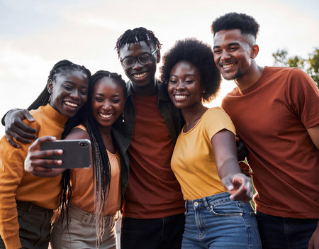 Cheerful group of four African American friends laughing and taking a selfie with a smartphone in a park at sunset. Generative AIの素材