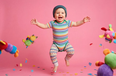 Happy infant in colorful striped clothes jumping and playing with plush toys on pink background. Generative AIの素材