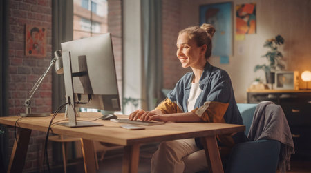 Cheerful young woman sitting at desk and typing on computer monitor in a bright cozy room. Generative AIの素材