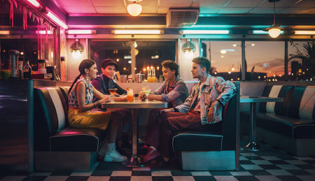 Cheerful group of four young friends sitting at a table in a vintage American diner chatting and drinking cocktails. Generative AIの素材