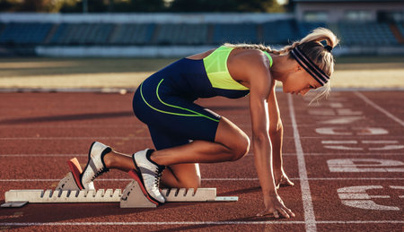 Blonde female runner in sportswear positioned at starting blocks preparing for a race in a stadium. Generative AIの素材