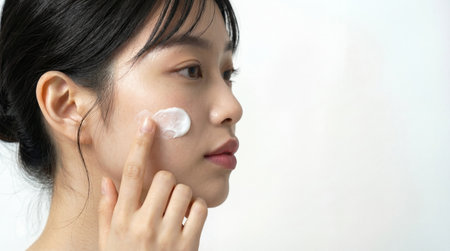 Close up of beautiful Asian girl applying moisturizer cream on face with copy space over white background. Generative AIの素材