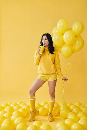 Young Asian female in yellow hoodie drinking beverage while holding balloons on yellow background. Generative AIの素材