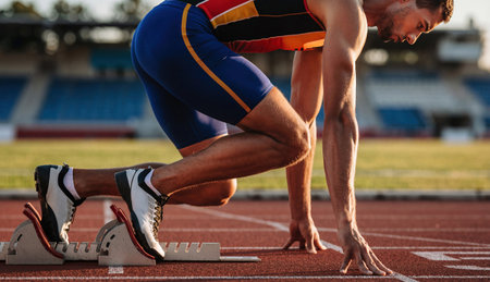 Side view of focused male athlete crouching at starting blocks ready to run on a stadium track. Generative AIの素材
