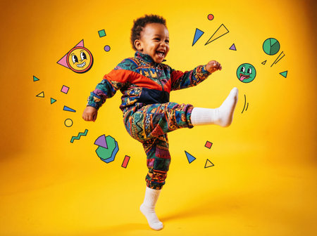 Happy little baby boy kicking his leg up surrounded by cartoon icons on yellow. Generative AIの素材