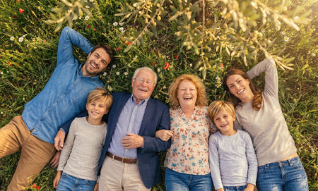 Top down view of happy smiling family lying on green grass looking up. Generative AIの素材