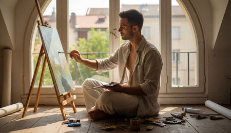 Young man in white clothes sitting barefoot on wooden floor and painting on canvas in a sunny art studio. Generative AIの素材