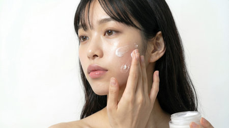 Beautiful asian female model with long dark hair applying cosmetic cream on cheek white background. Generative AIの素材