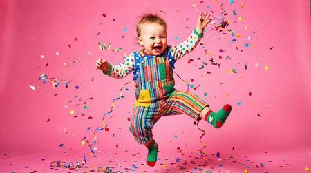 Excited little child in colorful clothes jumping and dancing amidst falling confetti on pink background. Generative AIの素材