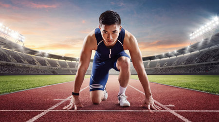 Front view of focused Asian athlete in blue sportswear crouching at starting blocks ready to run on track at sunset. Generative AIの素材