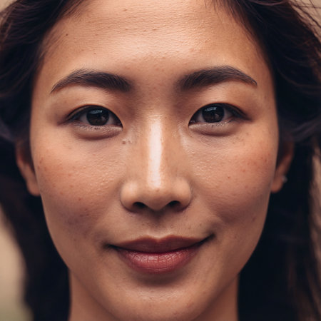Close up portrait of happy young Asian woman with natural makeup and freckles smiling warmly at the camera. Generative AIの素材