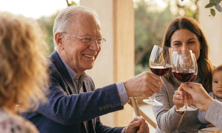 Happy elderly grandfather holding red wine glass and smiling at family during garden dinner party. Generative AIの素材