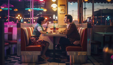 Side view of young stylish couple sitting in a booth at a neon-lit 1950s style diner looking at each other. Generative AIの素材