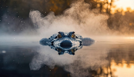 Close up view of wild predator reptile floating in foggy river water during golden sunset. Generative AIの素材