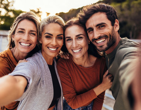 Close up shot of four smiling multiethnic friends posing for a selfie picture outdoors on a sunny day. Generative AIの素材