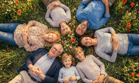 Top down view of extended family lying in circle on green grass looking up. Generative AIの素材