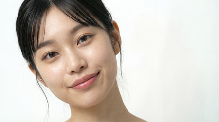 Cheerful asian female beauty portrait with clean skin and gentle smile looking at camera. Generative AIの素材