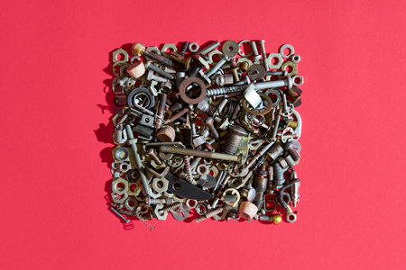 Square arrangement of mixed screws nuts and bolts on red background creating industrial concept