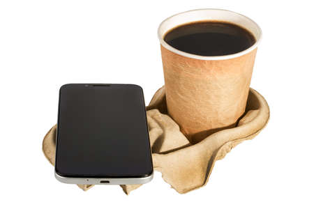 phone and coffee on the stand. isolated