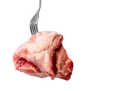 piece raw pork neck meat on metall fork. isolated